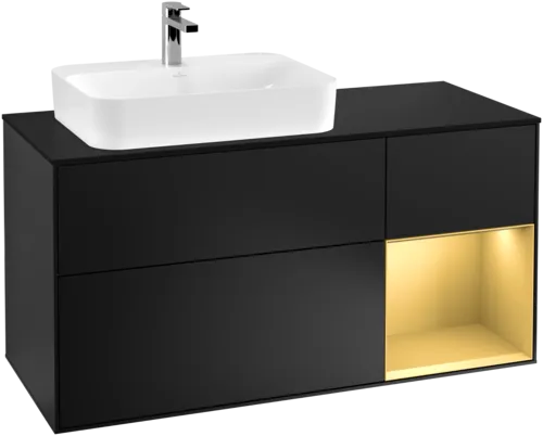 VILLEROY BOCH Toaletní skříňka Finion, s osvětlením, 3 výsuvy, 1200 x 603 x 501 mm, černý matný lak / zlatý matný lak / černé matné sklo #F402HFPD