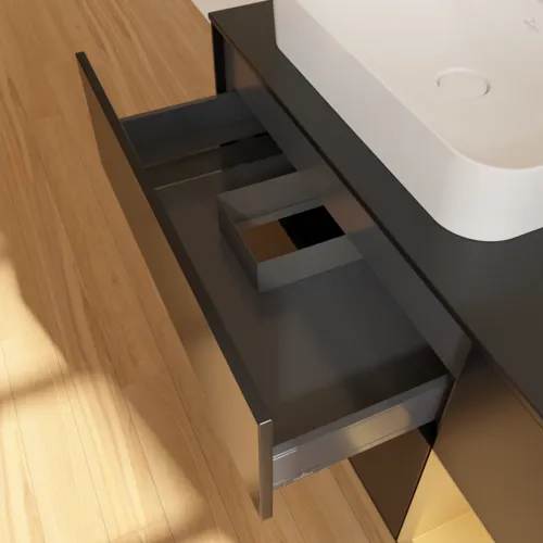 VILLEROY BOCH Toaletní skříňka Finion, s osvětlením, 3 výsuvy, 1200 x 603 x 501 mm, černý matný lak / zlatý matný lak / černé matné sklo #F402HFPD, obrázek 8