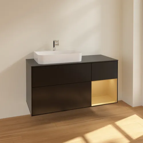 VILLEROY BOCH Toaletní skříňka Finion, s osvětlením, 3 výsuvy, 1200 x 603 x 501 mm, černý matný lak / zlatý matný lak / černé matné sklo #F402HFPD, obrázek 2