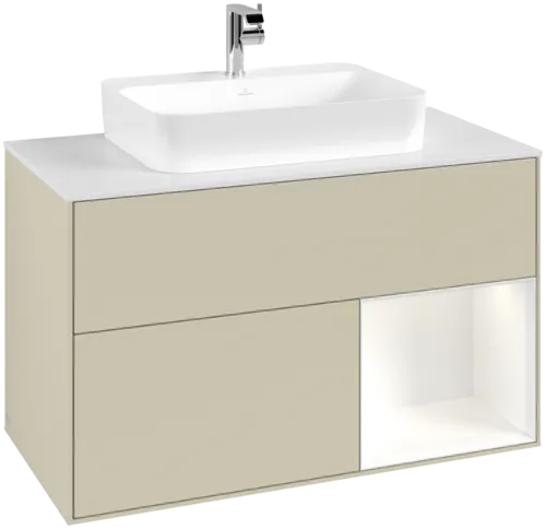 VILLEROY BOCH Toaletní skříňka Finion, s osvětlením, 2 výsuvy, 1000 x 603 x 501 mm, Silk Grey Matt Lacquer / White Matt Lacquer / Glass White Matt #F371MTHJ