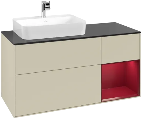 VILLEROY BOCH Toaletní skříňka Finion, s osvětlením, 3 výsuvy, 1200 x 603 x 501 mm, Silk Grey Matt Lacquer / Peony Matt Lacquer / Glass Black Matt #F402HBHJ