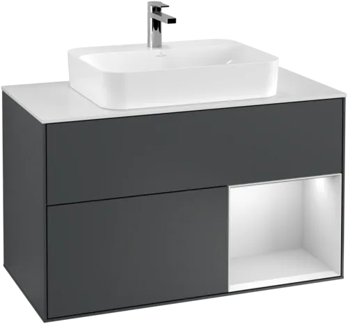 VILLEROY BOCH Toaletní skříňka Finion, s osvětlením, 2 výsuvy, 1000 x 603 x 501 mm, Midnight Blue Matt Lacquer / White Matt Lacquer / Glass White Matt #F371MTHG