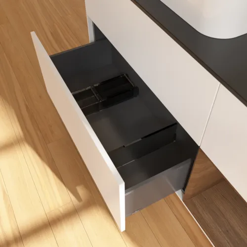 VILLEROY BOCH Toaletní skříňka Finion, s osvětlením, 3 výsuvy, 1200 x 603 x 501 mm, bílý matný lak / ořechová dýha / černé matné sklo #F402GNMT, obrázek 7