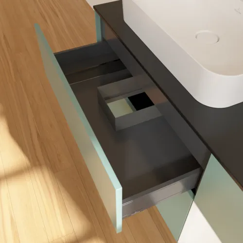 VILLEROY BOCH Toaletní skříňka Finion, s osvětlením, 3 výsuvy, 1200 x 603 x 501 mm, olivový matný lak / bílý matný lak / černé matné sklo #F402MTGM, obrázek 8