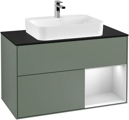 VILLEROY BOCH Toaletní skříňka Finion, s osvětlením, 2 výsuvy, 1000 x 603 x 501 mm, olivový matný lak / bílý matný lak / černé matné sklo #F372MTGM, obrázek 1