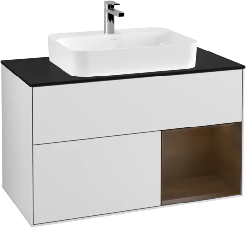 VILLEROY BOCH Toaletní skříňka Finion, s osvětlením, 2 výsuvy, 1000 x 603 x 501 mm, bílý matný lak / ořechová dýha / černé matné sklo #F372GNMT