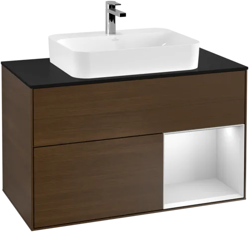 VILLEROY BOCH Toaletní skříňka Finion, s osvětlením, 2 výsuvy, 1000 x 603 x 501 mm, ořechová dýha / bílý matný lak / černé matné sklo #F372MTGN