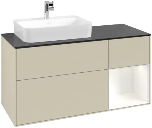 VILLEROY BOCH Toaletní skříňka Finion, s osvětlením, 3 výsuvy, 1200 x 603 x 501 mm, Silk Grey Matt Lacquer / White Matt Lacquer / Glass Black Matt #F402MTHJ