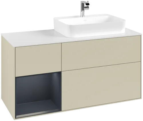 VILLEROY BOCH Toaletní skříňka Finion, s osvětlením, 3 výsuvy, 1200 x 603 x 501 mm, hedvábně šedý matný lak / půlnočně modrý matný lak / bílé matné sklo #F391HGHJ