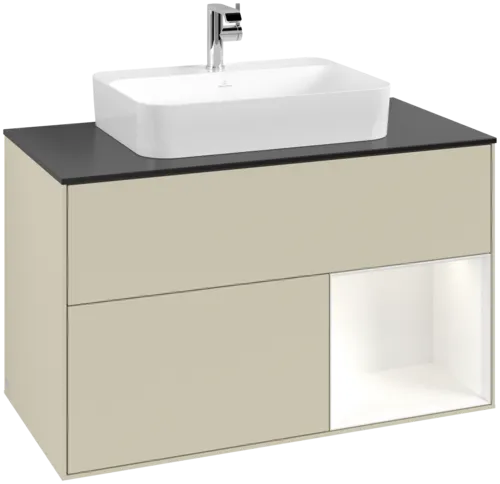 VILLEROY BOCH Toaletní skříňka Finion, s osvětlením, 2 výsuvy, 1000 x 603 x 501 mm, hedvábně šedý matný lak / bílý matný lak / černé matné sklo #F372MTHJ