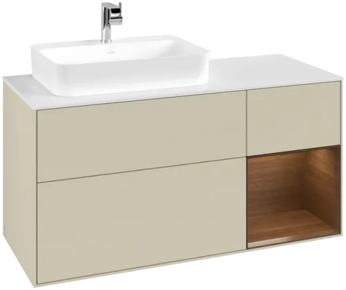 VILLEROY BOCH Toaletní skříňka Finion, s osvětlením, 3 výsuvy, 1200 x 603 x 501 mm, hedvábně šedý matný lak / ořechová dýha / sklo bílé matné #F401GNHJ