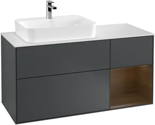 VILLEROY BOCH Toaletní skříňka Finion, s osvětlením, 3 výsuvy, 1200 x 603 x 501 mm, půlnočně modrý matný lak / ořechová dýha / bílé matné sklo #F401GNHG, obrázek 1