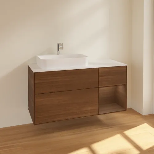 VILLEROY BOCH Toaletní skříňka Finion, s osvětlením, 3 výsuvy, 1200 x 603 x 501 mm, ořechová dýha / ořechová dýha / sklo bílé matné #F401GNGN, obrázek 2