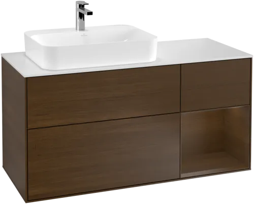 VILLEROY BOCH Toaletní skříňka Finion, s osvětlením, 3 výsuvy, 1200 x 603 x 501 mm, ořechová dýha / ořechová dýha / sklo bílé matné #F401GNGN, obrázek 1