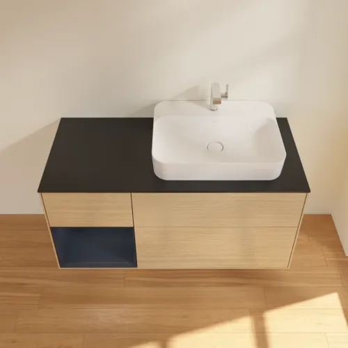VILLEROY BOCH Toaletní skříňka Finion, s osvětlením, 3 výsuvy, 1200 x 603 x 501 mm, dubová dýha / půlnočně modrý matný lak / černé matné sklo #F392HGPC, obrázek 4