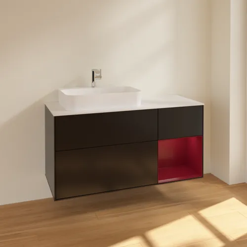 VILLEROY BOCH Toaletní skříňka Finion, s osvětlením, 3 výsuvy, 1200 x 603 x 501 mm, černý matný lak / pivoňkový matný lak / bílé matné sklo #F401HBPD, obrázek 2