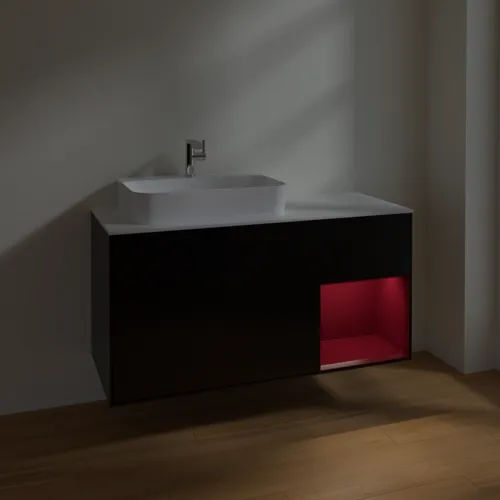 VILLEROY BOCH Toaletní skříňka Finion, s osvětlením, 3 výsuvy, 1200 x 603 x 501 mm, černý matný lak / pivoňkový matný lak / bílé matné sklo #F401HBPD, obrázek 5