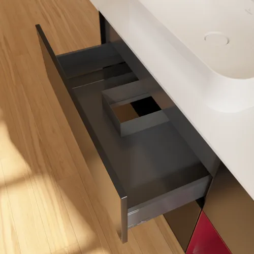 VILLEROY BOCH Toaletní skříňka Finion, s osvětlením, 3 výsuvy, 1200 x 603 x 501 mm, černý matný lak / pivoňkový matný lak / bílé matné sklo #F401HBPD, obrázek 8