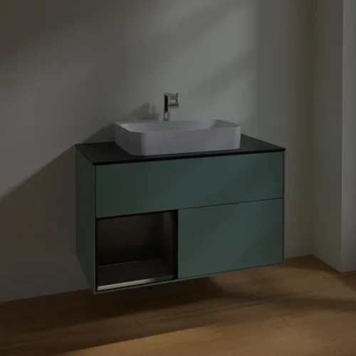 VILLEROY BOCH Toaletní skříňka Finion, s osvětlením, 2 výsuvy, 1000 x 603 x 501 mm, olivový matný lak / černý matný lak / černé matné sklo #F362PDGM, obrázek 5