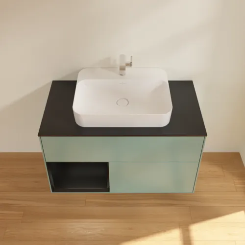 VILLEROY BOCH Toaletní skříňka Finion, s osvětlením, 2 výsuvy, 1000 x 603 x 501 mm, olivový matný lak / černý matný lak / černé matné sklo #F362PDGM, obrázek 4