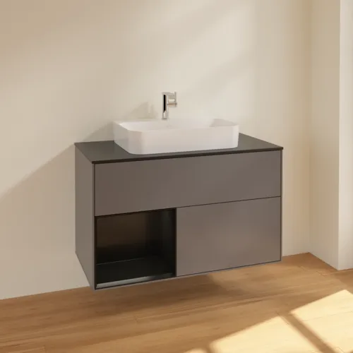VILLEROY BOCH Toaletní skříňka Finion, s osvětlením, 2 výsuvy, 1000 x 603 x 501 mm, antracitový matný lak / černý matný lak / černé matné sklo #F362PDGK, obrázek 2