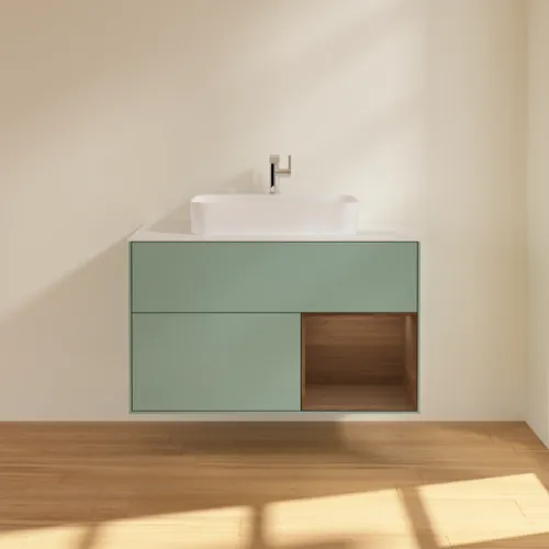 VILLEROY BOCH Toaletní skříňka Finion, s osvětlením, 2 výsuvy, 1000 x 603 x 501 mm, olivový matný lak / ořechová dýha / sklo bílé matné #F371GNGM, obrázek 3