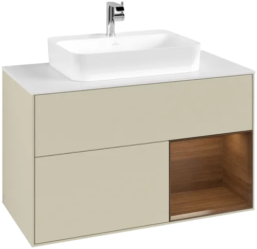 VILLEROY BOCH Toaletní skříňka Finion, s osvětlením, 2 výsuvy, 1000 x 603 x 501 mm, hedvábně šedý matný lak / ořechová dýha / sklo bílé matné #F371GNHJ