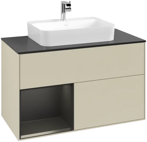 VILLEROY BOCH Toaletní skříňka Finion, s osvětlením, 2 výsuvy, 1000 x 603 x 501 mm, hedvábně šedý matný lak / černý matný lak / černé matné sklo #F362PDHJ