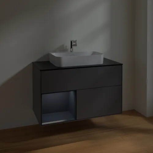 VILLEROY BOCH Toaletní skříňka Finion, s osvětlením, 2 výsuvy, 1000 x 603 x 501 mm, antracitový matný lak / půlnoční modrý matný lak / černé matné sklo #F362HGGK, obrázek 5