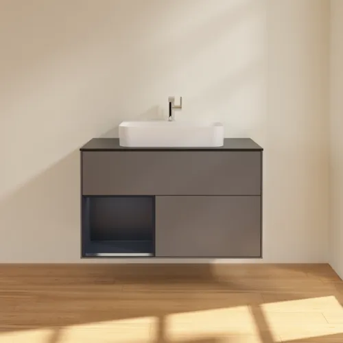VILLEROY BOCH Toaletní skříňka Finion, s osvětlením, 2 výsuvy, 1000 x 603 x 501 mm, antracitový matný lak / půlnoční modrý matný lak / černé matné sklo #F362HGGK, obrázek 3