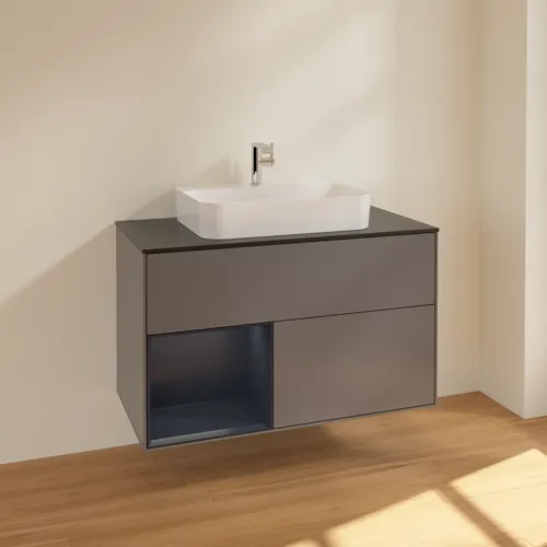 VILLEROY BOCH Toaletní skříňka Finion, s osvětlením, 2 výsuvy, 1000 x 603 x 501 mm, antracitový matný lak / půlnoční modrý matný lak / černé matné sklo #F362HGGK, obrázek 2