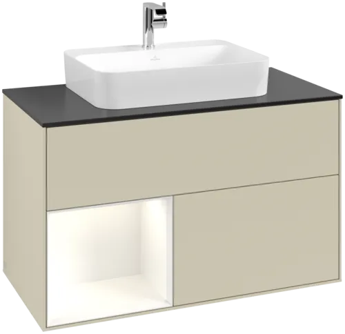 VILLEROY BOCH Toaletní skříňka Finion, s osvětlením, 2 výsuvy, 1000 x 603 x 501 mm, hedvábně šedý matný lak / lesklý bílý lak / černé matné sklo #F362GFHJ