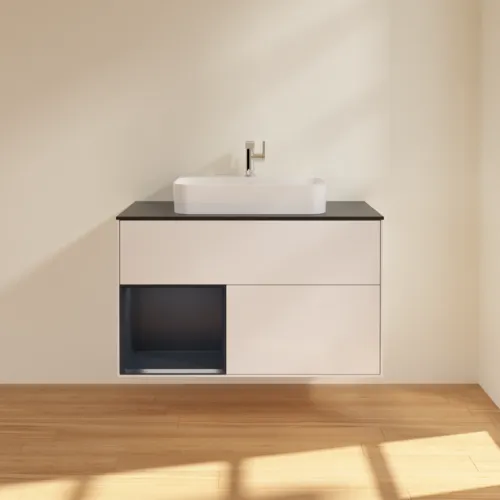 VILLEROY BOCH Toaletní skříňka Finion, s osvětlením, 2 výsuvy, 1000 x 603 x 501 mm, lesklý bílý lak / půlnoční modrý matný lak / černé matné sklo #F362HGGF, obrázek 3