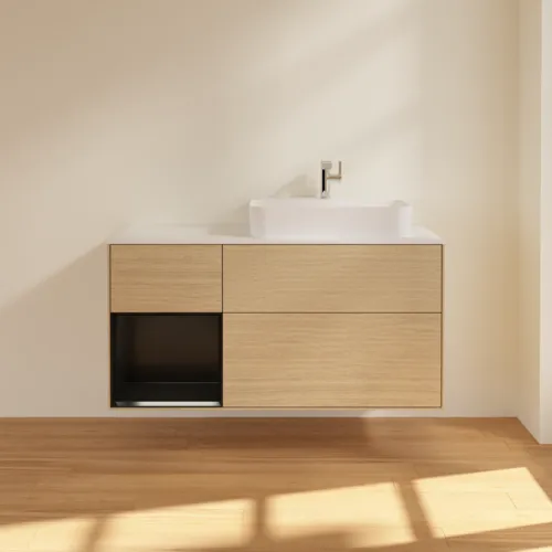 VILLEROY BOCH Toaletní skříňka Finion, s osvětlením, 3 výsuvy, 1200 x 603 x 501 mm, dubová dýha / černý matný lak / bílé matné sklo #F391PDPC, obrázek 3