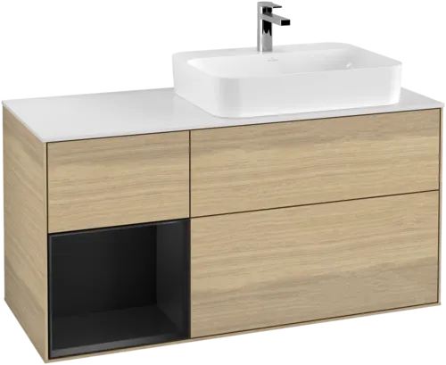 VILLEROY BOCH Toaletní skříňka Finion, s osvětlením, 3 výsuvy, 1200 x 603 x 501 mm, dubová dýha / černý matný lak / bílé matné sklo #F391PDPC