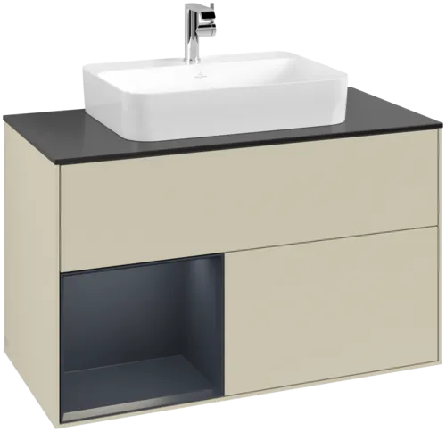 VILLEROY BOCH Toaletní skříňka Finion, s osvětlením, 2 výsuvy, 1000 x 603 x 501 mm, Silk Grey Matt Lacquer / Midnight Blue Matt Lacquer / Glass Black Matt #F362HGHJ
