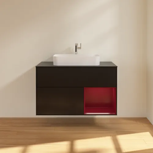 VILLEROY BOCH Toaletní skříňka Finion, s osvětlením, 2 výsuvy, 1000 x 603 x 501 mm, černý matný lak / pivoňkový matný lak / černé matné sklo #F372HBPD, obrázek 3