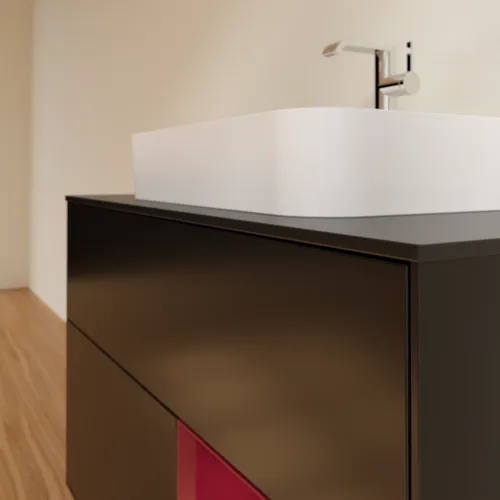 VILLEROY BOCH Toaletní skříňka Finion, s osvětlením, 2 výsuvy, 1000 x 603 x 501 mm, černý matný lak / pivoňkový matný lak / černé matné sklo #F372HBPD, obrázek 6
