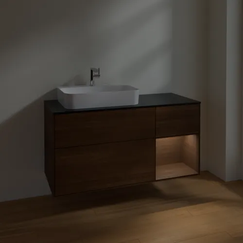 VILLEROY BOCH Toaletní skříňka Finion, s osvětlením, 3 výsuvy, 1200 x 603 x 501 mm, ořechová dýha / ořechová dýha / sklo černé matné #F402GNGN, obrázek 5