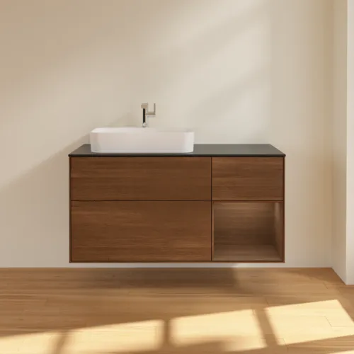 VILLEROY BOCH Toaletní skříňka Finion, s osvětlením, 3 výsuvy, 1200 x 603 x 501 mm, ořechová dýha / ořechová dýha / sklo černé matné #F402GNGN, obrázek 3