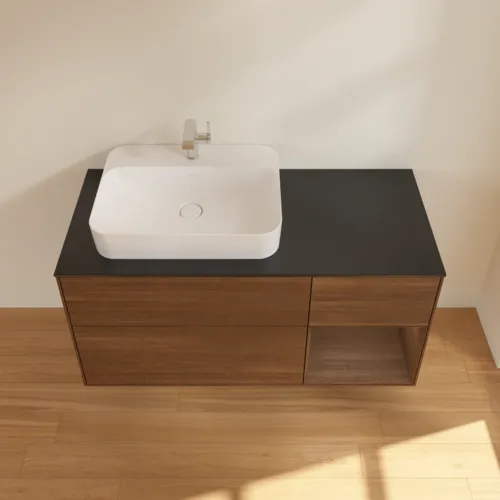 VILLEROY BOCH Toaletní skříňka Finion, s osvětlením, 3 výsuvy, 1200 x 603 x 501 mm, ořechová dýha / ořechová dýha / sklo černé matné #F402GNGN, obrázek 4