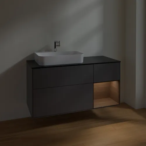 VILLEROY BOCH Toaletní skříňka Finion, s osvětlením, 3 výsuvy, 1200 x 603 x 501 mm, antracitový matný lak / ořechová dýha / černé matné sklo #F402GNGK, obrázek 5