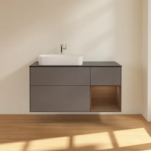 VILLEROY BOCH Toaletní skříňka Finion, s osvětlením, 3 výsuvy, 1200 x 603 x 501 mm, antracitový matný lak / ořechová dýha / černé matné sklo #F402GNGK, obrázek 3