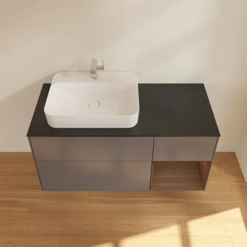 VILLEROY BOCH Toaletní skříňka Finion, s osvětlením, 3 výsuvy, 1200 x 603 x 501 mm, antracitový matný lak / ořechová dýha / černé matné sklo #F402GNGK, obrázek 4