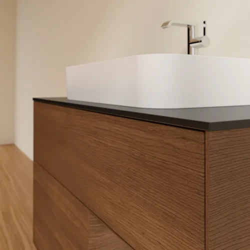 VILLEROY BOCH Toaletní stolek Finion, s osvětlením, 2 výsuvy, 1000 x 603 x 501 mm, ořechová dýha / ořechová dýha / sklo černé matné #F372GNGN, obrázek 6