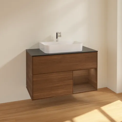 VILLEROY BOCH Toaletní stolek Finion, s osvětlením, 2 výsuvy, 1000 x 603 x 501 mm, ořechová dýha / ořechová dýha / sklo černé matné #F372GNGN, obrázek 2