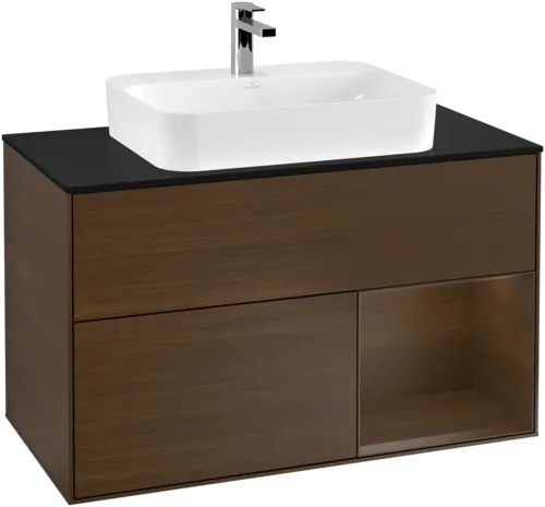 VILLEROY BOCH Toaletní stolek Finion, s osvětlením, 2 výsuvy, 1000 x 603 x 501 mm, ořechová dýha / ořechová dýha / sklo černé matné #F372GNGN, obrázek 1