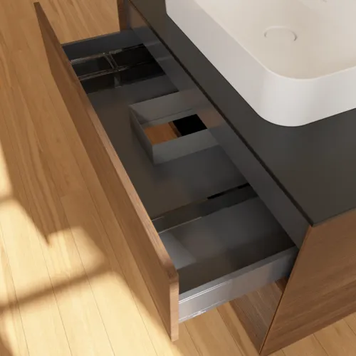 VILLEROY BOCH Toaletní stolek Finion, s osvětlením, 2 výsuvy, 1000 x 603 x 501 mm, ořechová dýha / ořechová dýha / sklo černé matné #F372GNGN, obrázek 8