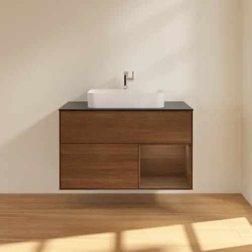 VILLEROY BOCH Toaletní stolek Finion, s osvětlením, 2 výsuvy, 1000 x 603 x 501 mm, ořechová dýha / ořechová dýha / sklo černé matné #F372GNGN, obrázek 3