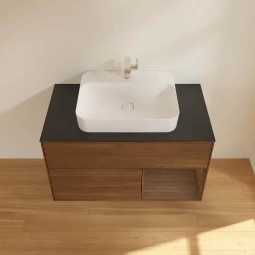 VILLEROY BOCH Toaletní stolek Finion, s osvětlením, 2 výsuvy, 1000 x 603 x 501 mm, ořechová dýha / ořechová dýha / sklo černé matné #F372GNGN, obrázek 4
